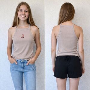 Juniors' SO® Ribbed Embroidered Squareneck Graphic Tank Top Size XS, NWT